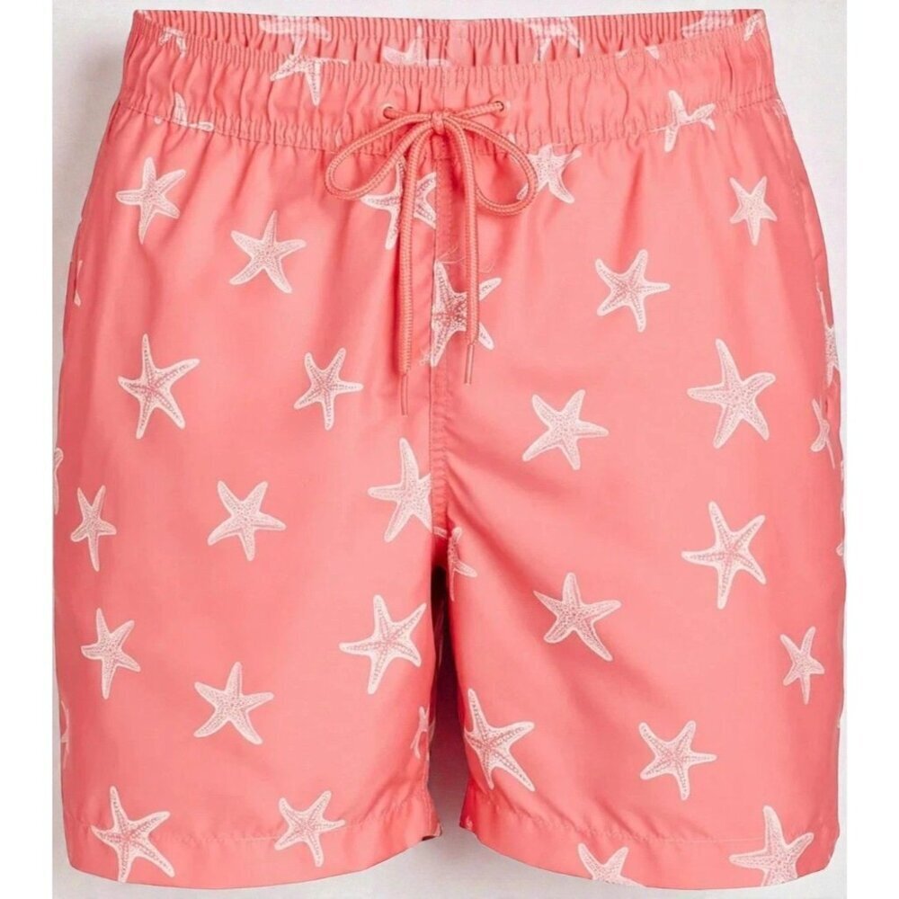 George Mens Swim Shorts XL Coral Starfish Print Lined Pockets Drawstring